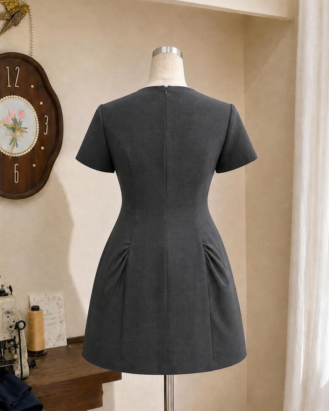 Camila – Váy Mini Cổ Tròn Tay Cộc Nhún 2 Bên Hông — Xám đậm — Sau · Rõ sản phẩm · Khác