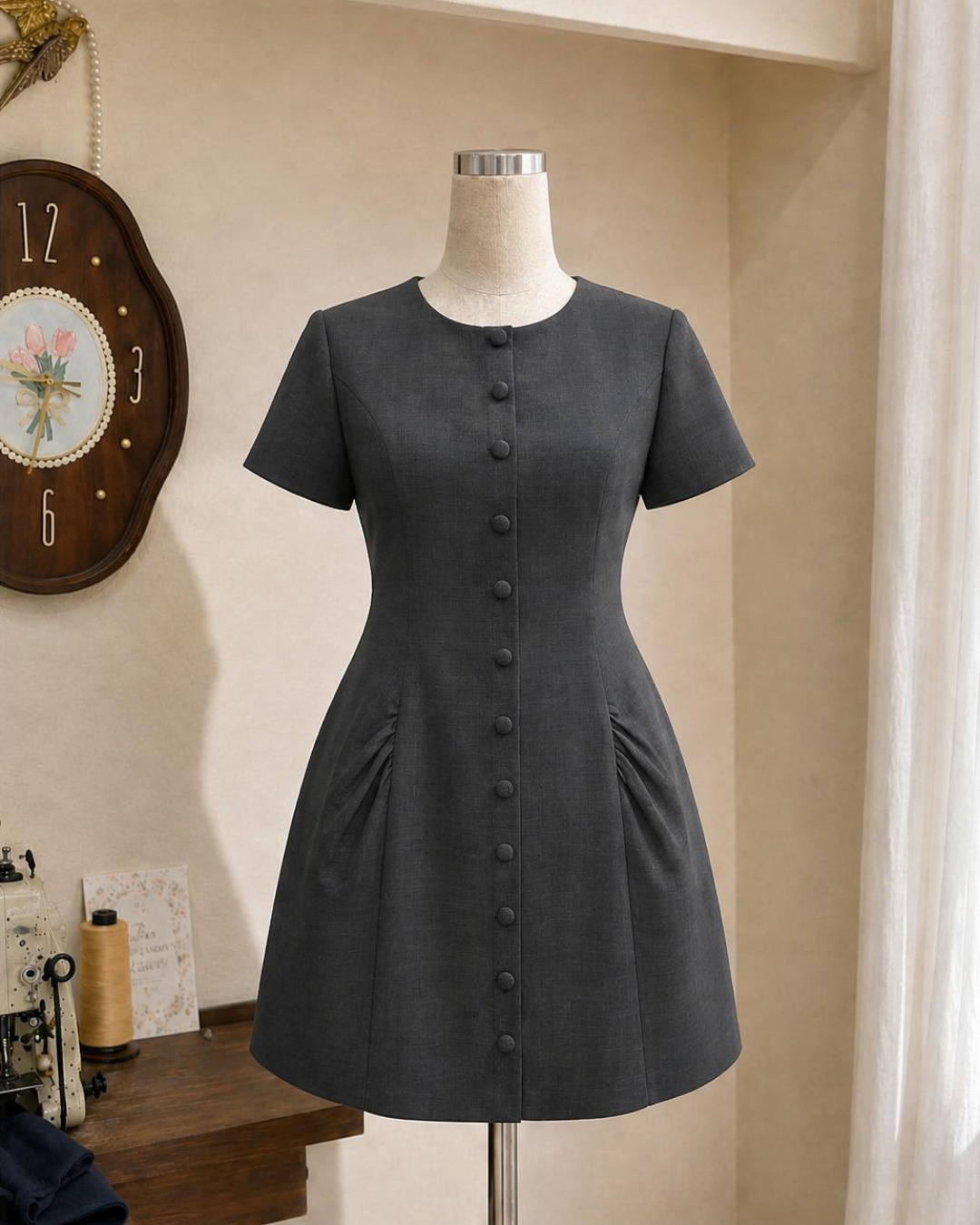 Camila – Váy Mini Cổ Tròn Tay Cộc Nhún 2 Bên Hông — Xám đậm — Chính diện · Rõ sản phẩm · Khác