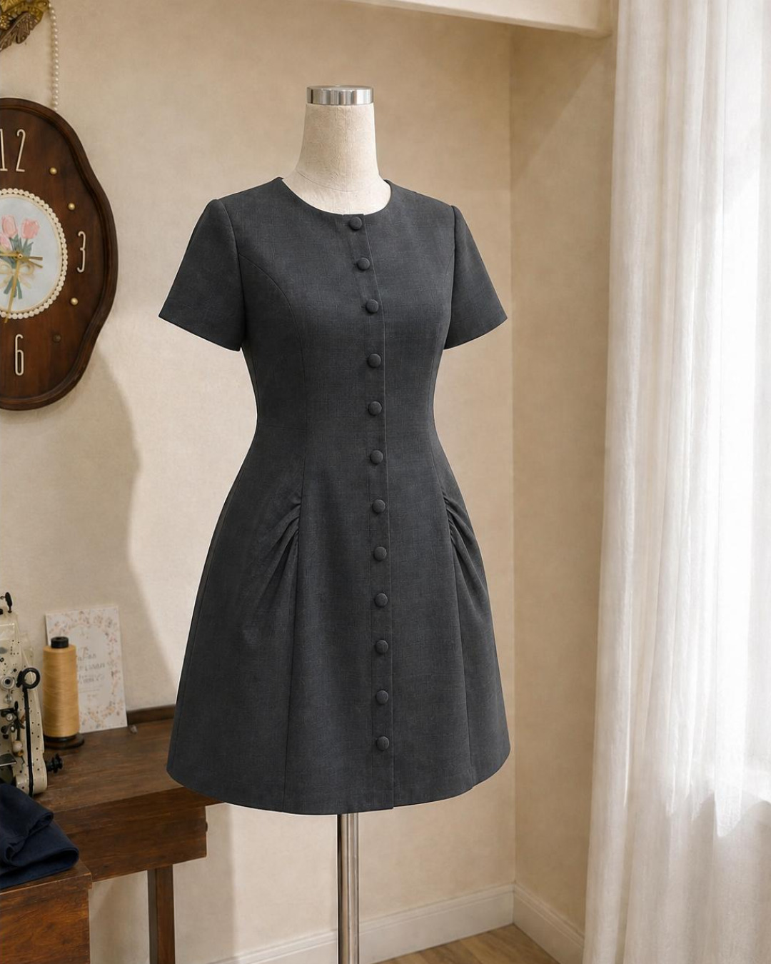 Camila – Váy Mini Cổ Tròn Tay Cộc Nhún 2 Bên Hông — Xám đậm — 3/4 trước · Rõ sản phẩm · Khác