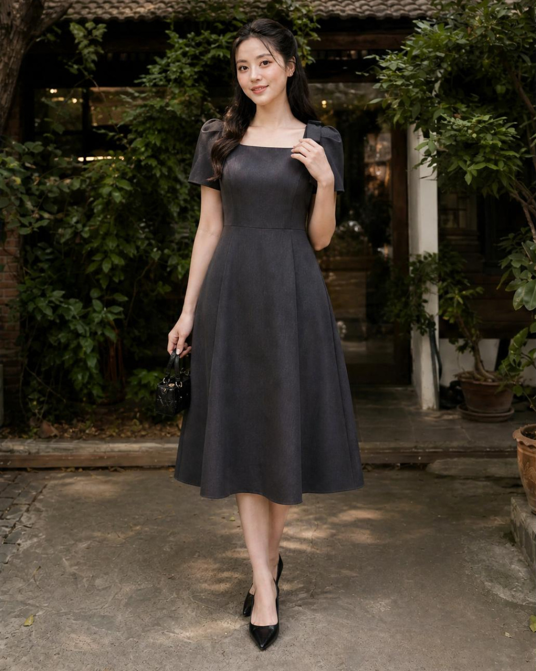 Cylia – Váy Midi Cổ Vuông Tay Bồng Đính Nơ