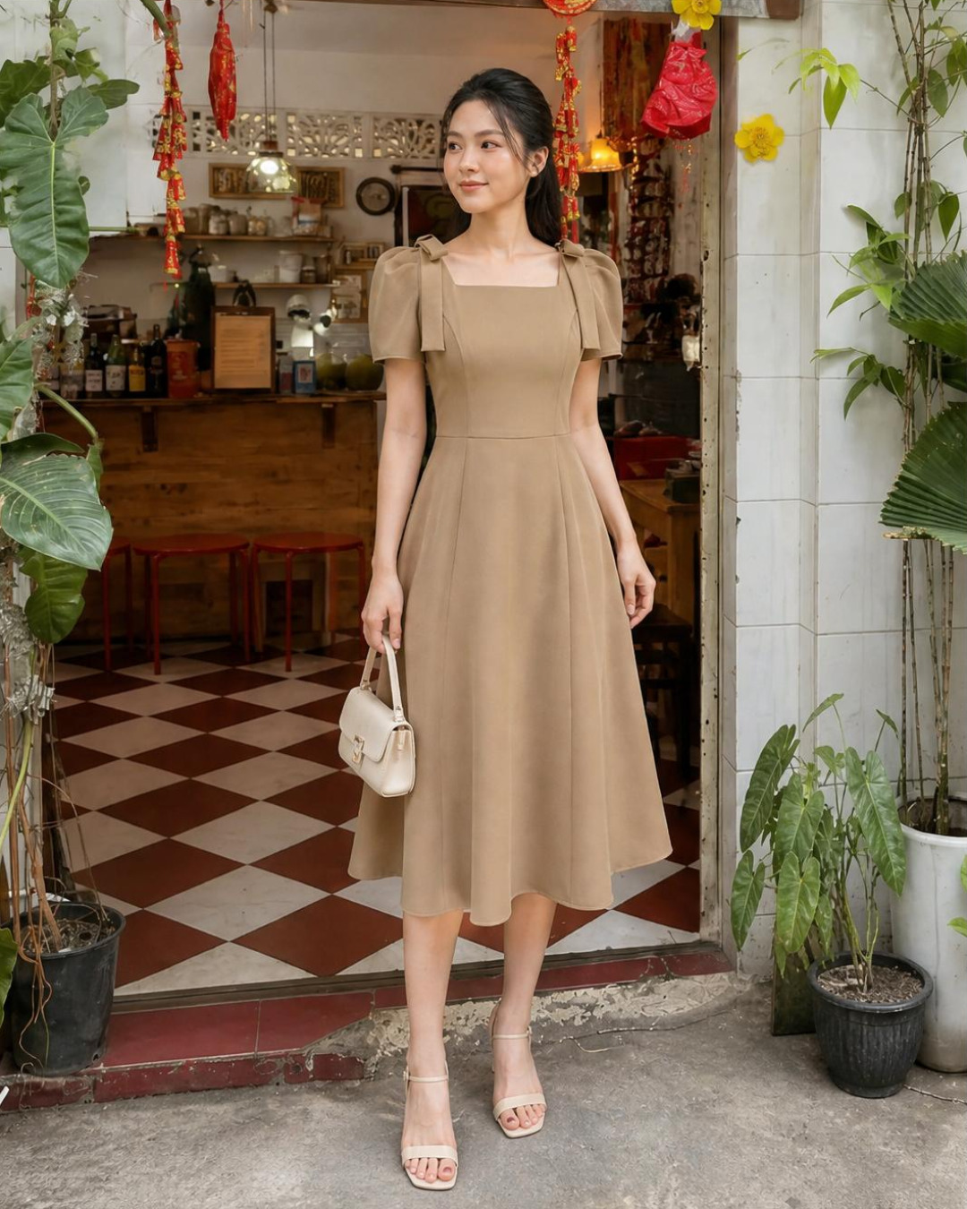 Cylia – Váy Midi Cổ Vuông Tay Bồng Đính Nơ