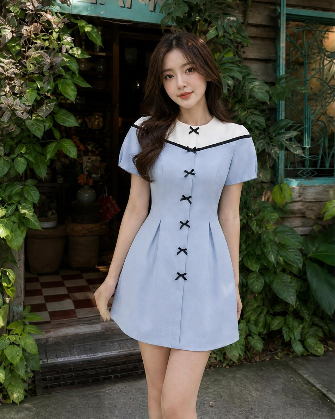 Sena – Váy Mini Cổ tròn Phối màu — Xanh baby