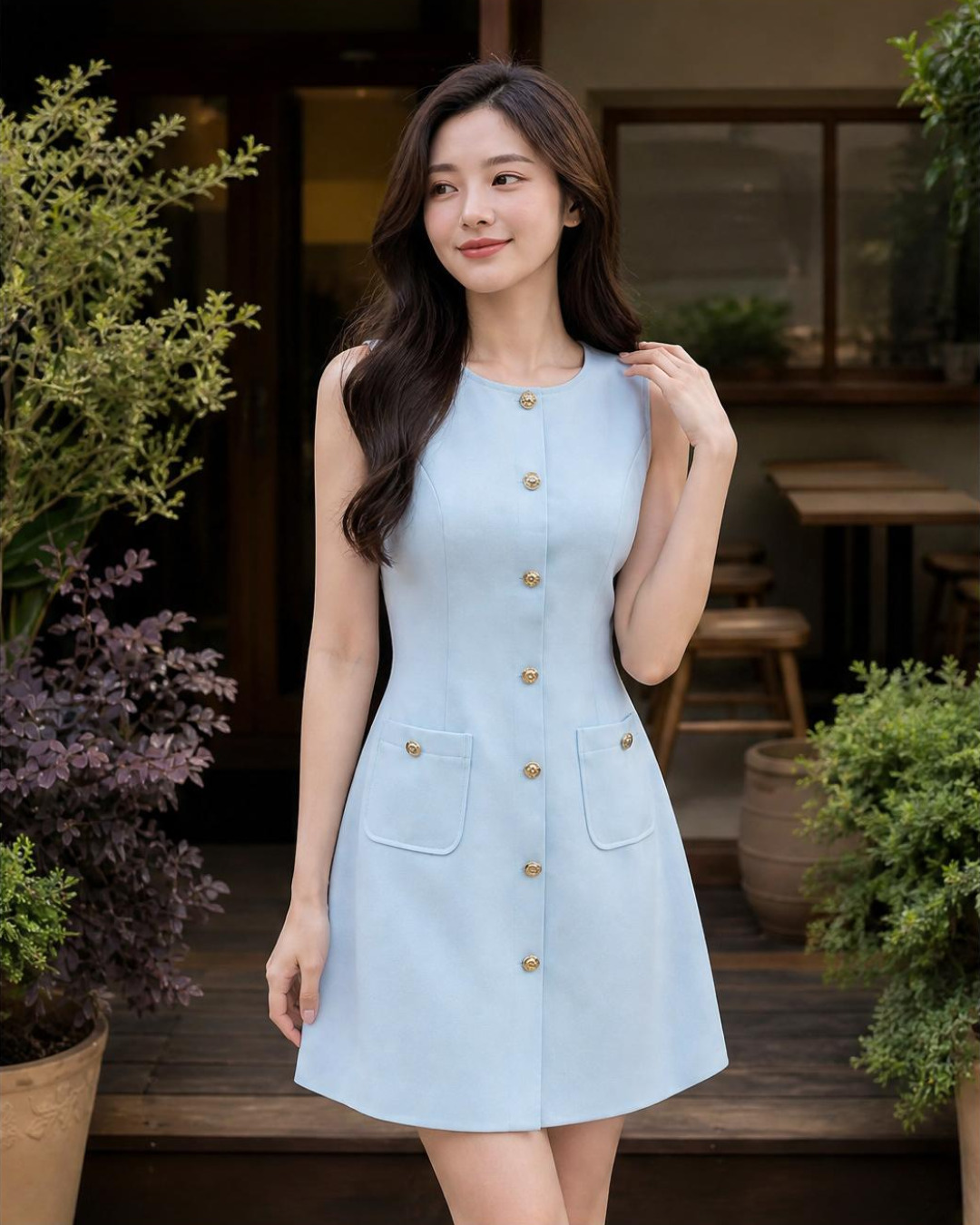 Camilla – Váy chữ A Mini Cổ tròn Hàng Cúc Giả Ở Giữa