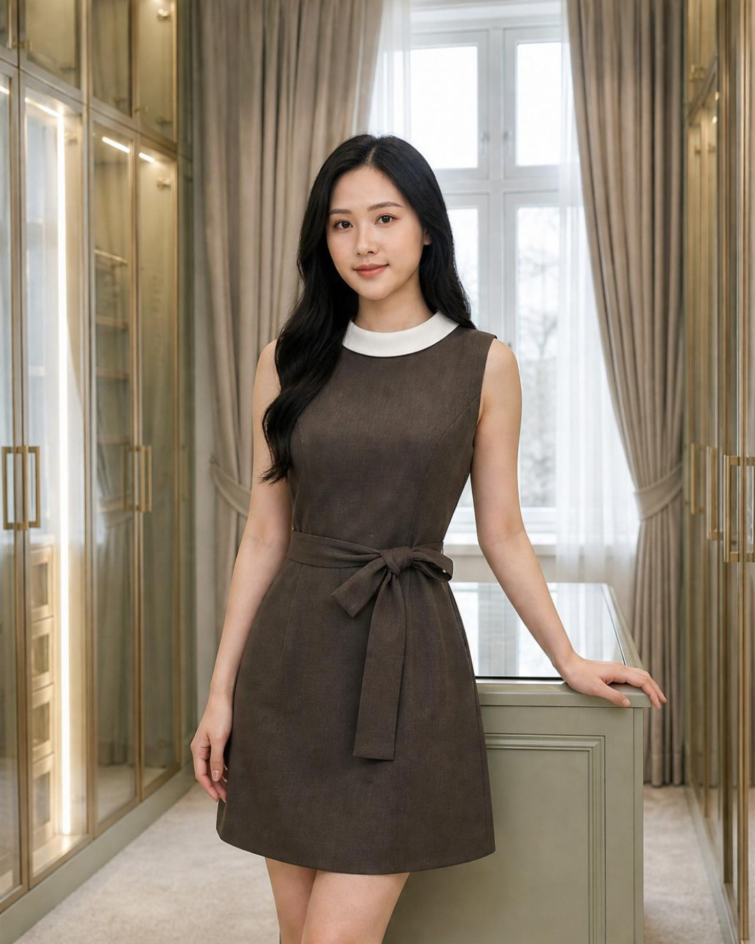 Selina – Váy chữ A Mini Cổ tròn Phối Màu Đai Nơ — Nâu xám