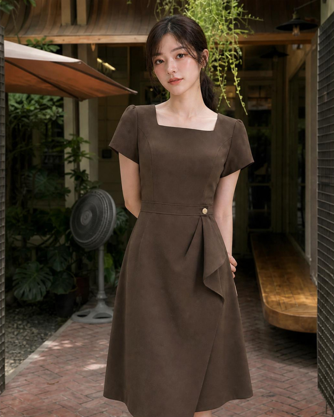 Nini – Váy Xoè A Midi Cổ vuông Bèo Chéo