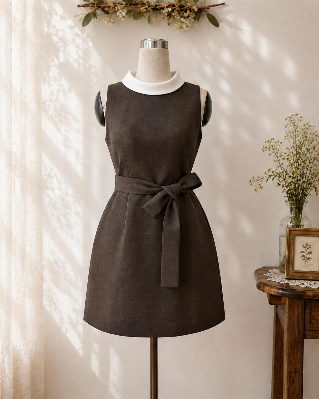 Selina – Váy chữ A Mini Cổ tròn Phối Màu Đai Nơ — Nâu xám — Chính diện · Toàn thân · Khác