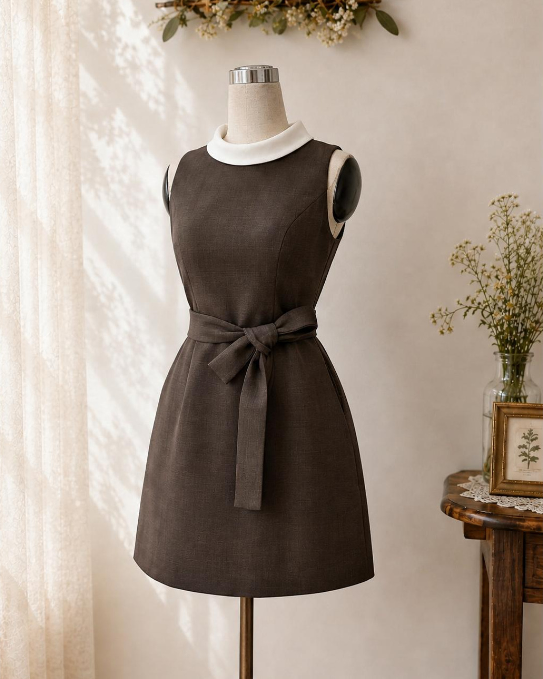 Selina – Váy chữ A Mini Cổ tròn Phối Màu Đai Nơ — Nâu xám — 3/4 trước · Toàn thân · Khác