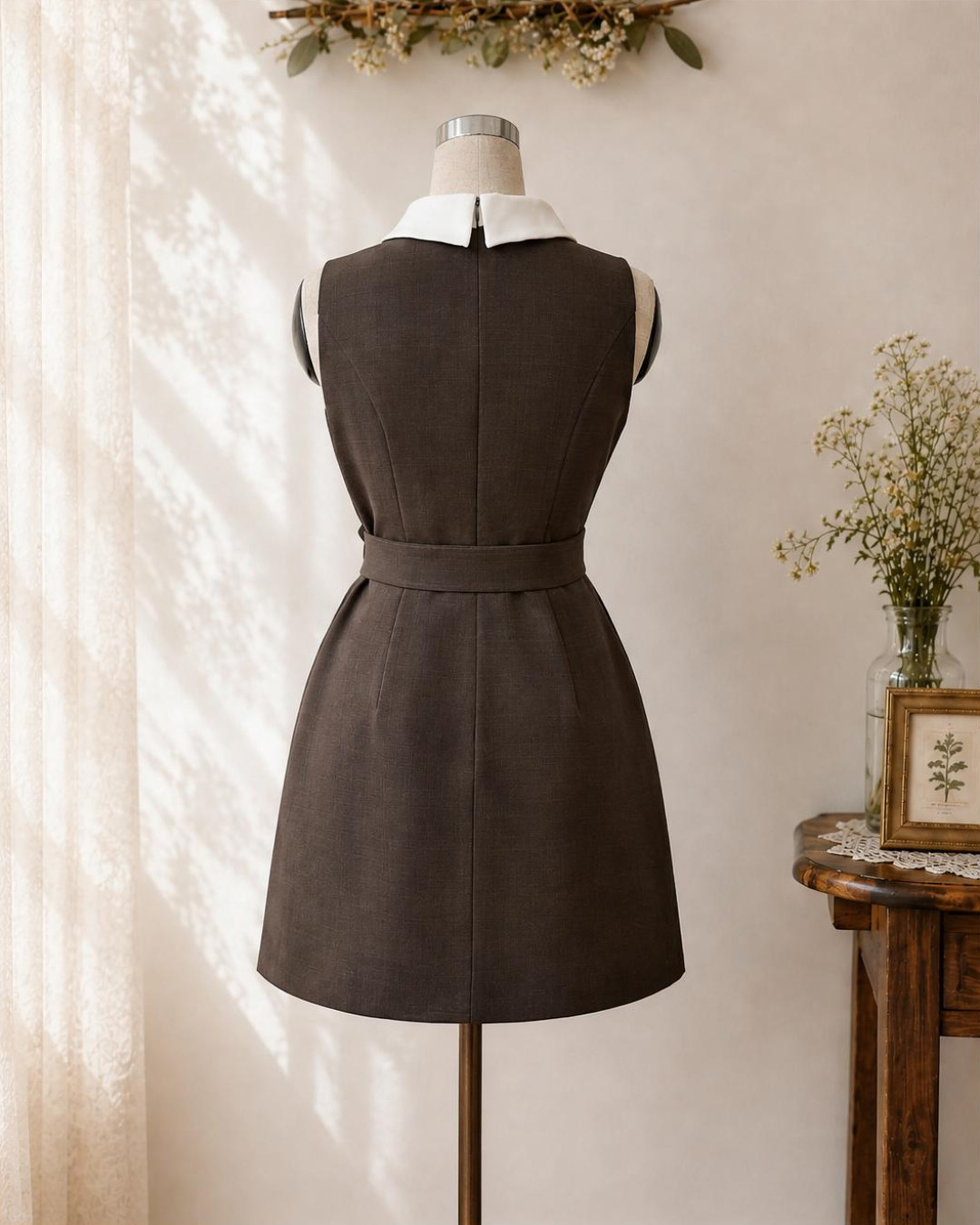 Selina – Váy chữ A Mini Cổ tròn Phối Màu Đai Nơ — Nâu xám — Sau · Toàn thân · Khác