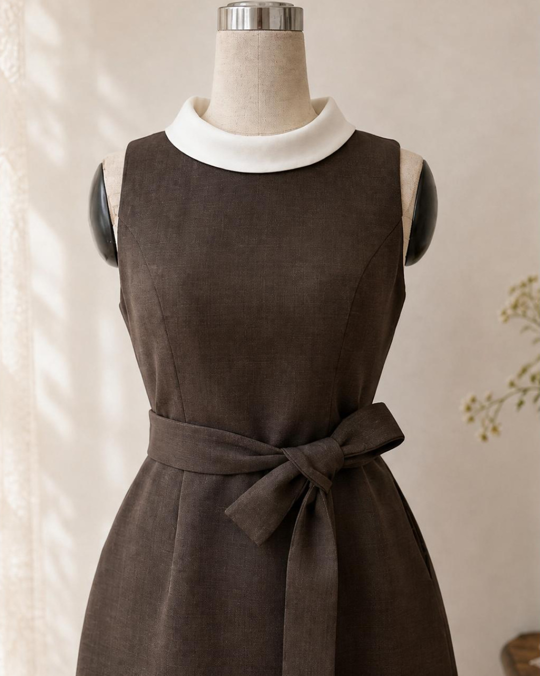 Selina – Váy chữ A Mini Cổ tròn Phối Màu Đai Nơ — Nâu xám — 3/4 trước · Bán thân · Khác