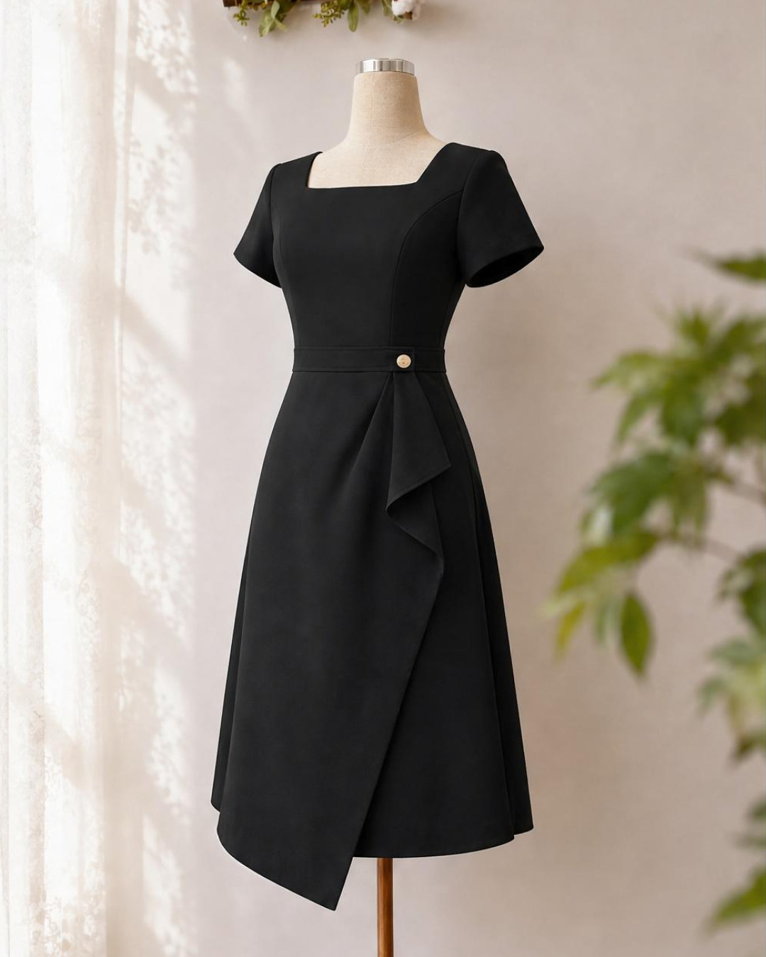 Nini – Váy Xoè A Midi Cổ vuông Bèo Chéo — Đen — 3/4 trước · Rõ sản phẩm · Khác