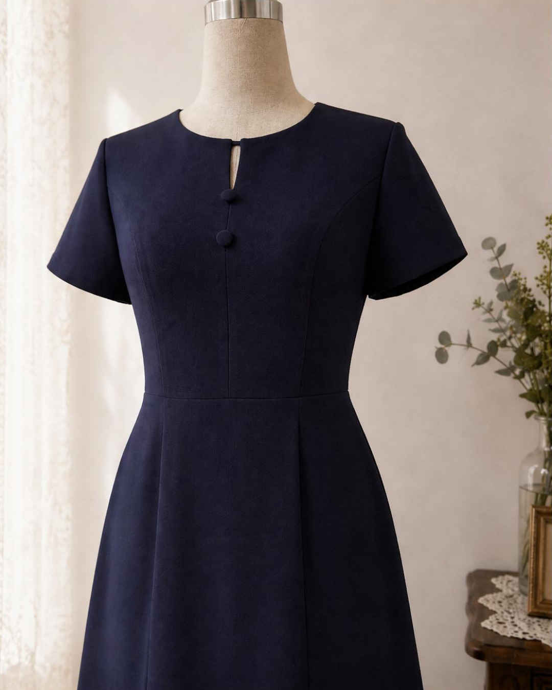 Rosa – Váy Midi Cổ Tròn Cách Điệu Tùng Váy Xếp Ly