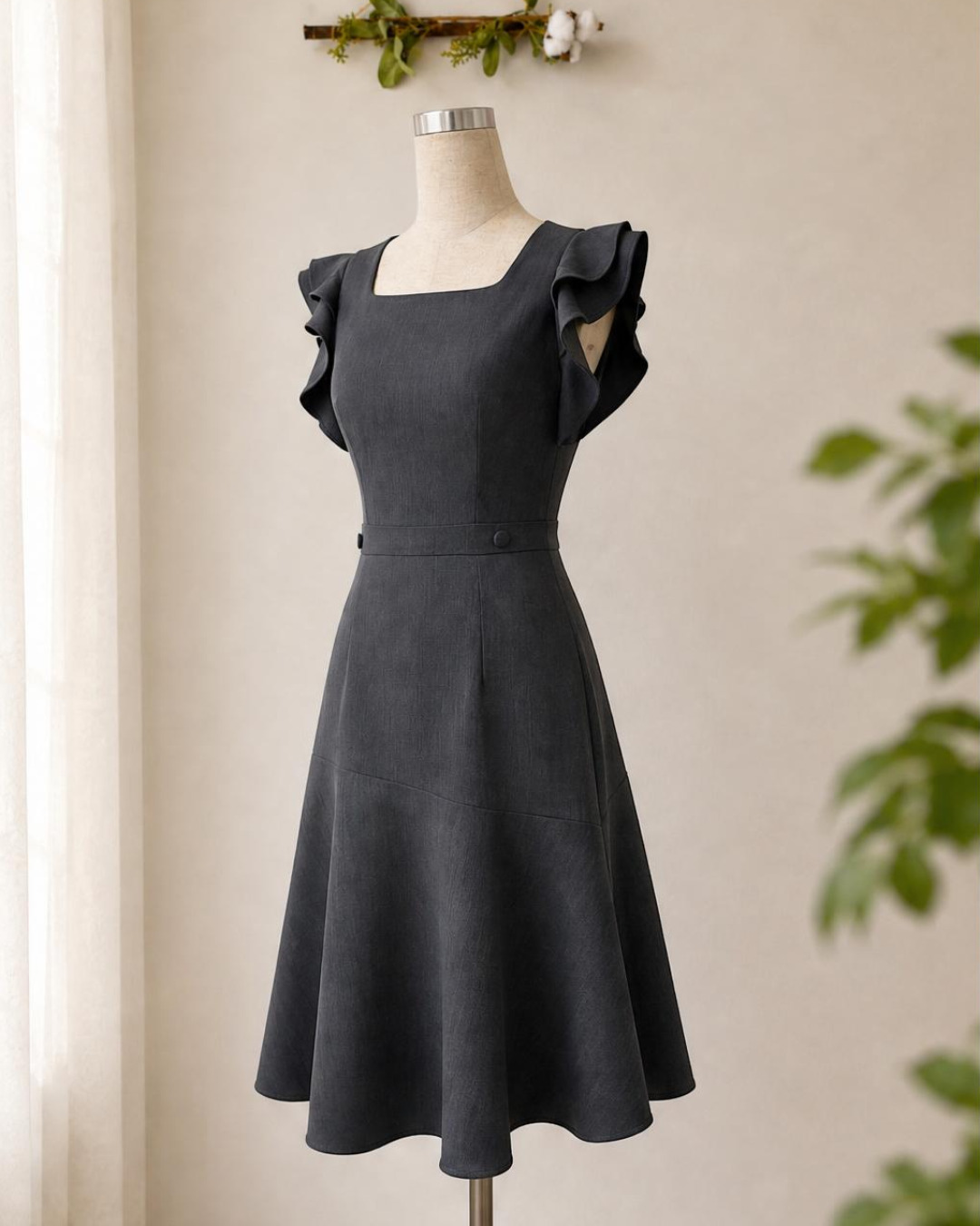 Dari – Váy Midi Cổ vuông Tay Bèo Tùng Xoè Rủ — Xám đậm — 3/4 trước · Rõ sản phẩm · Khác