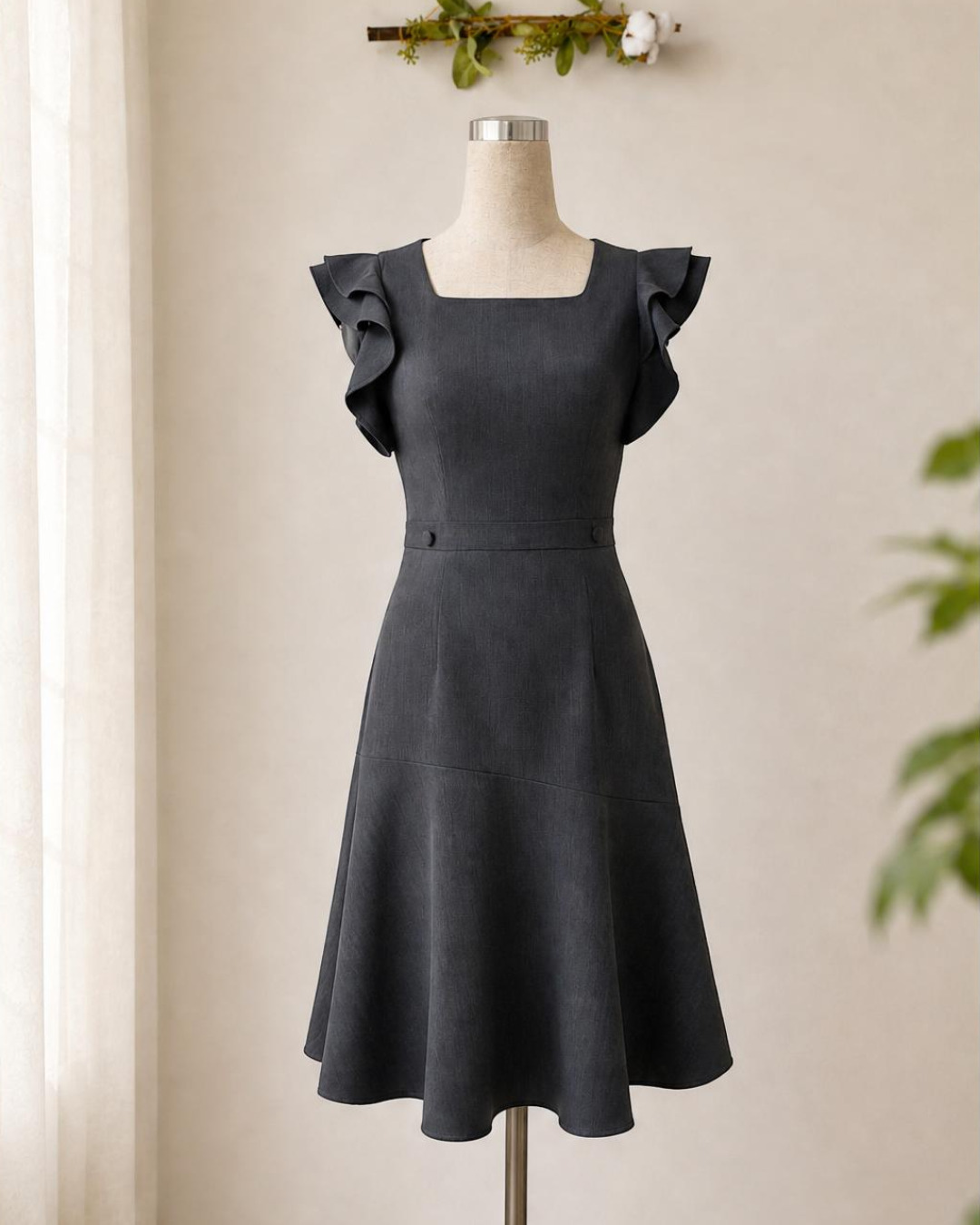 Dari – Váy Midi Cổ vuông Tay Bèo Tùng Xoè Rủ — Xám đậm — Chính diện · Rõ sản phẩm · Khác