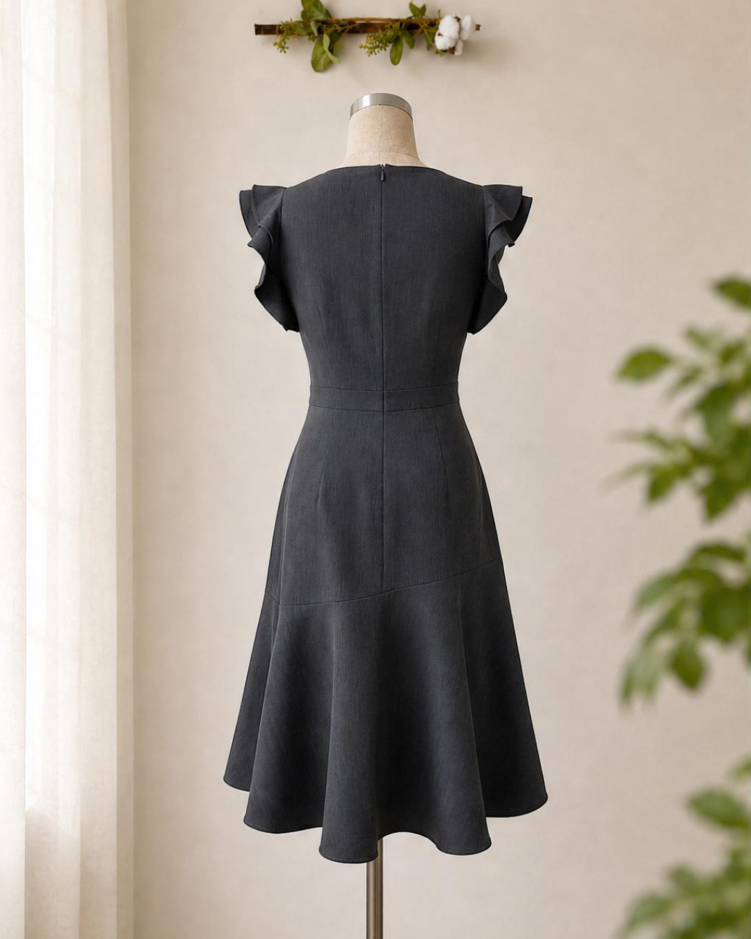 Dari – Váy Midi Cổ vuông Tay Bèo Tùng Xoè Rủ — Xám đậm — Sau · Rõ sản phẩm · Khác