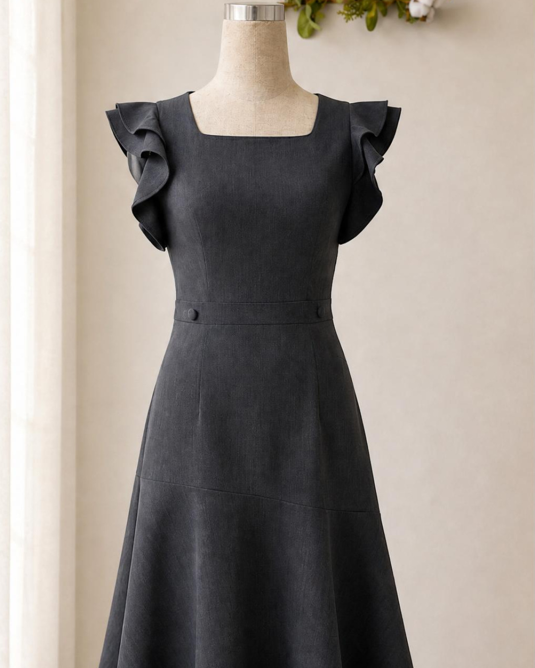 Dari – Váy Midi Cổ vuông Tay Bèo Tùng Xoè Rủ — Xám đậm — Chính diện · Rõ sản phẩm · Khác