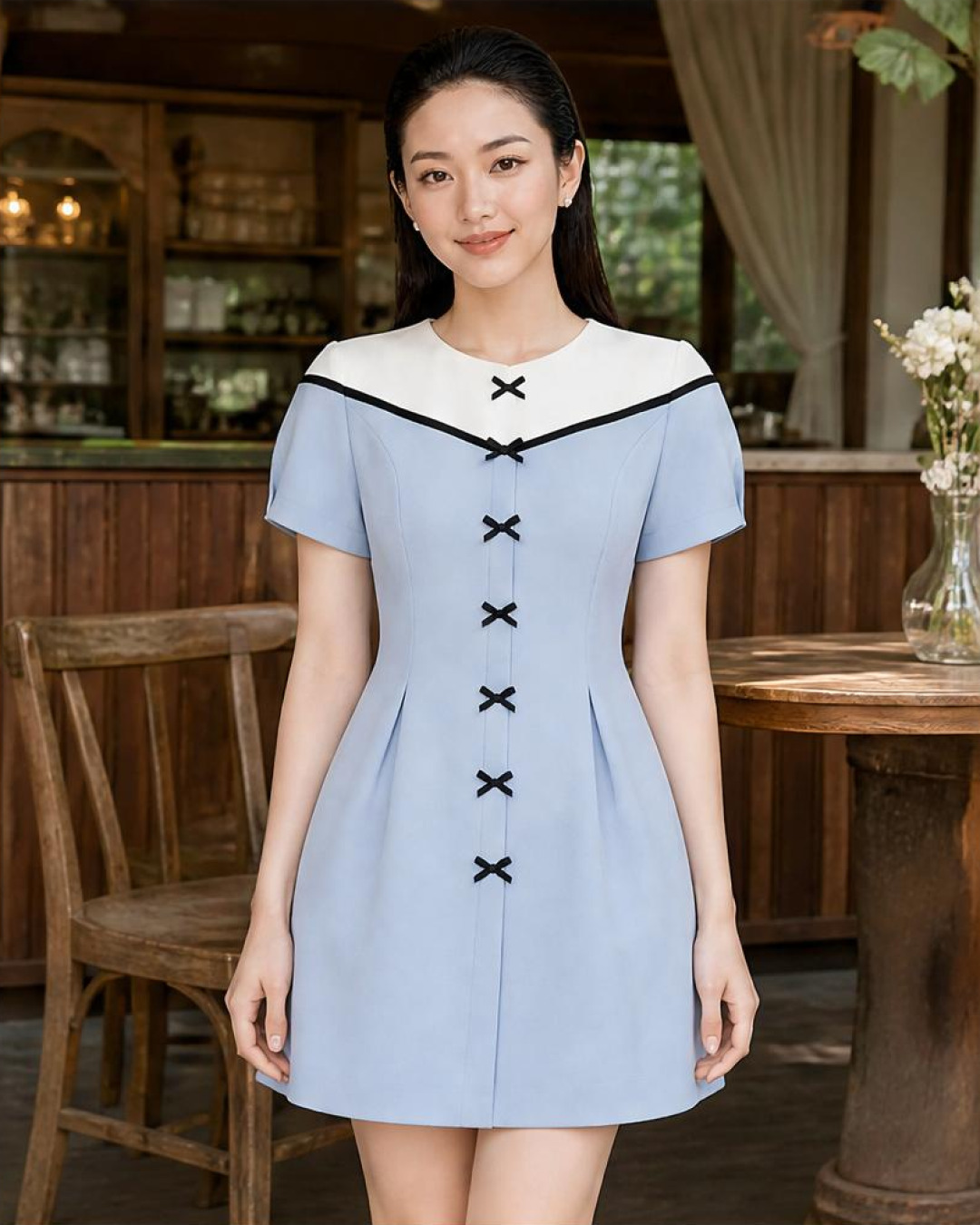 Sena – Váy Mini Cổ tròn Phối màu - Xanh baby