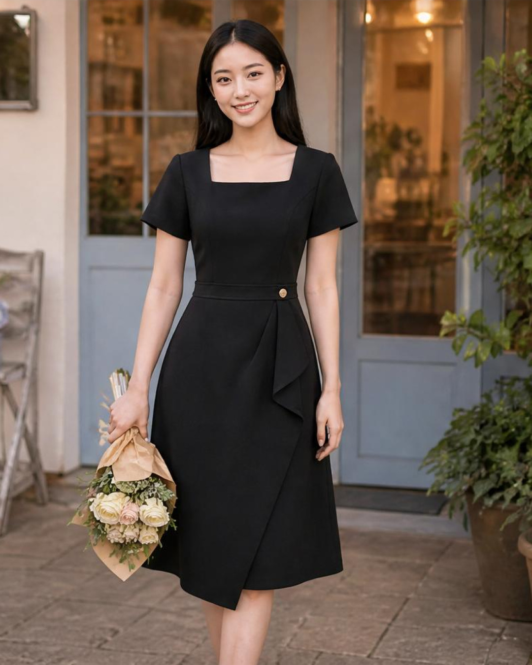 Nini – Váy Xoè A Midi Cổ vuông Bèo Chéo - Đen