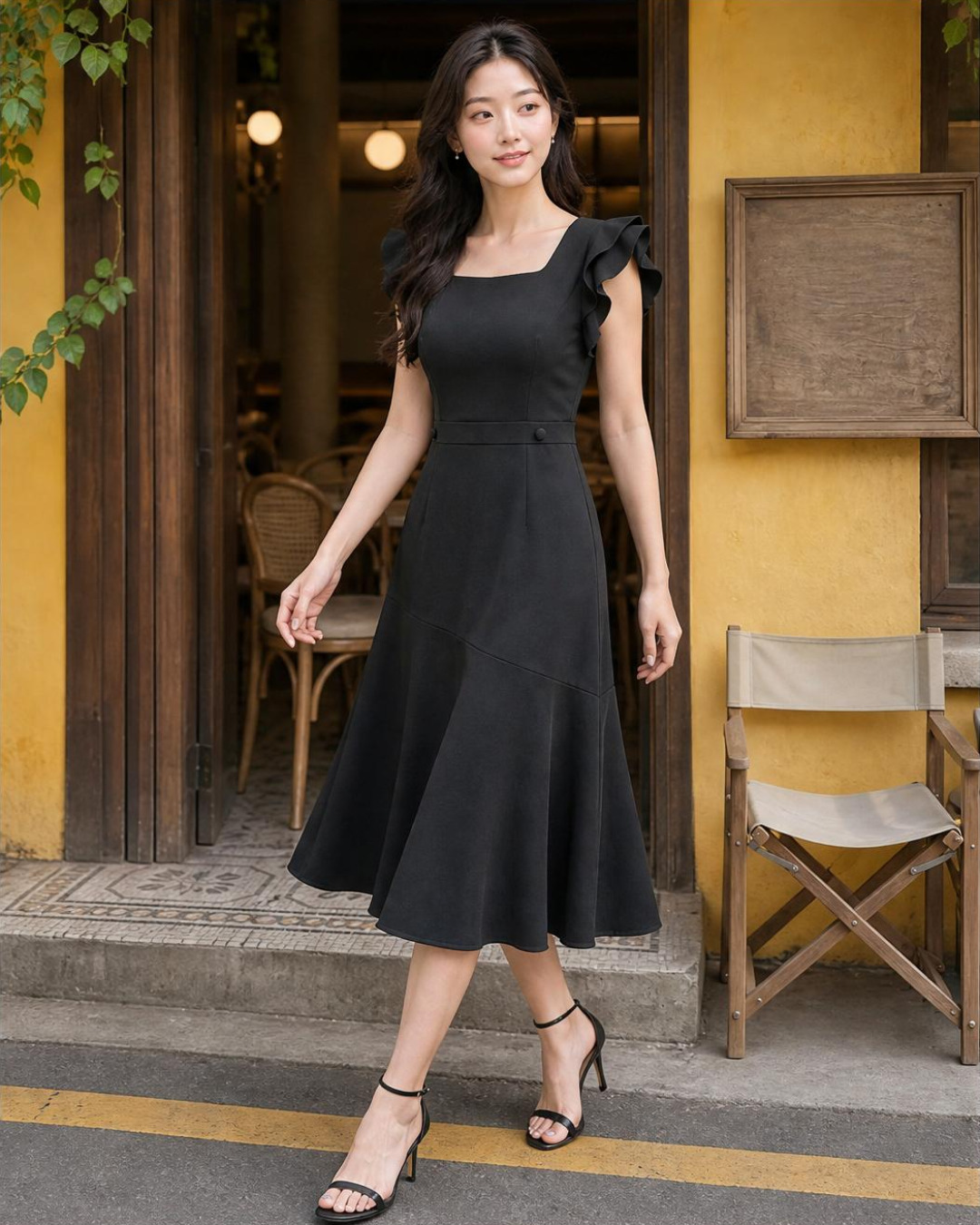 Dari – Váy Midi Cổ vuông Tay Bèo Tùng Xoè Rủ