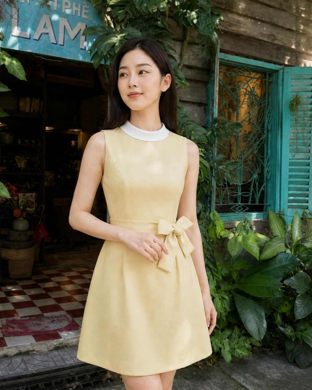 Selina – Váy chữ A Mini Cổ tròn Phối Màu Đai Nơ