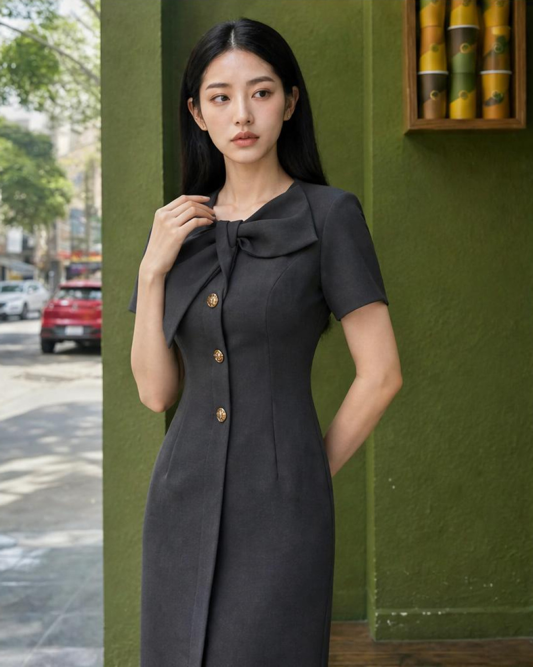 Julina – Váy Midi Cổ Tròn Kẹp Nơ