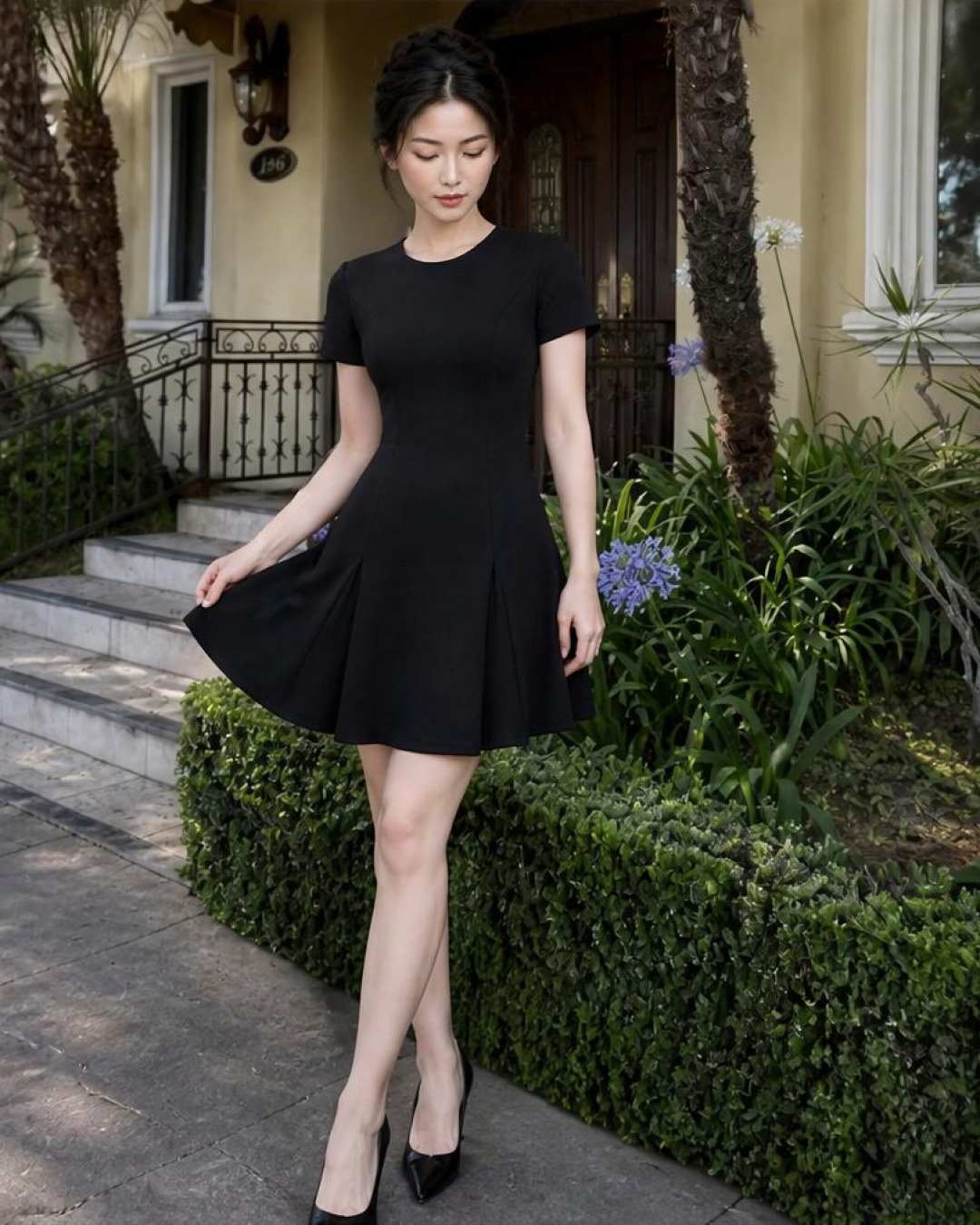 Sasa – Váy Mini Cổ Tròn Tay Cộc  Tùng Váy Xoè  Kẹp Bèo Hai Bên