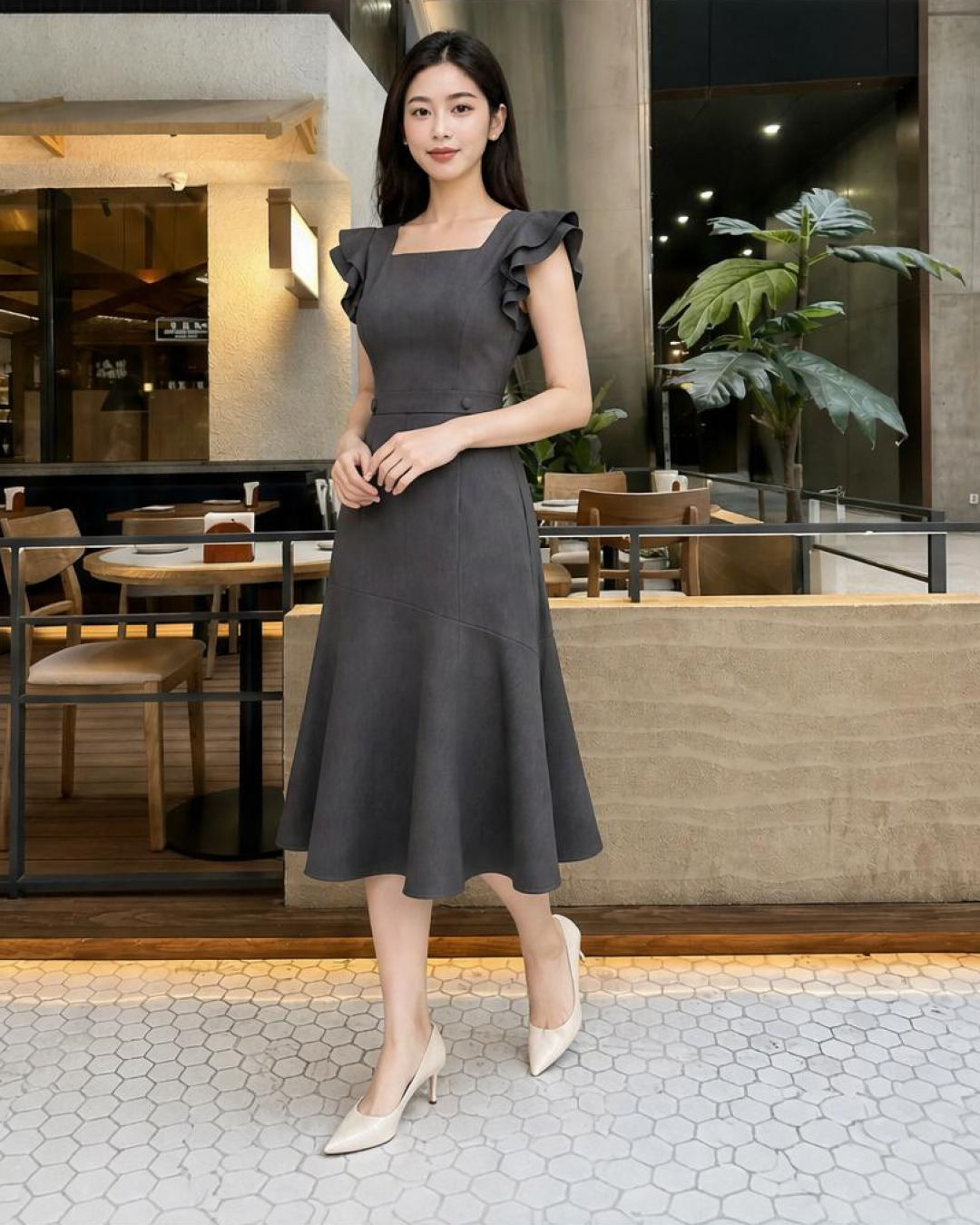 Dari – Váy Midi Cổ vuông Tay Bèo Tùng Xoè Rủ - Xám đậm