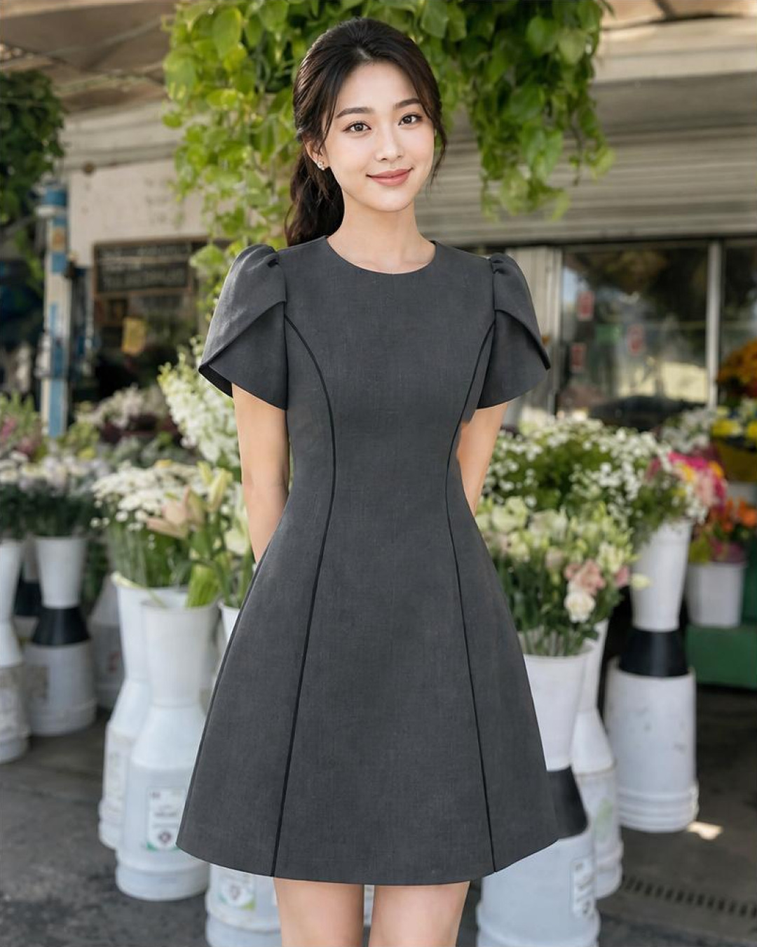 Zyra – Váy Mini Cổ tròn Tay Nụ Hoa Hồng