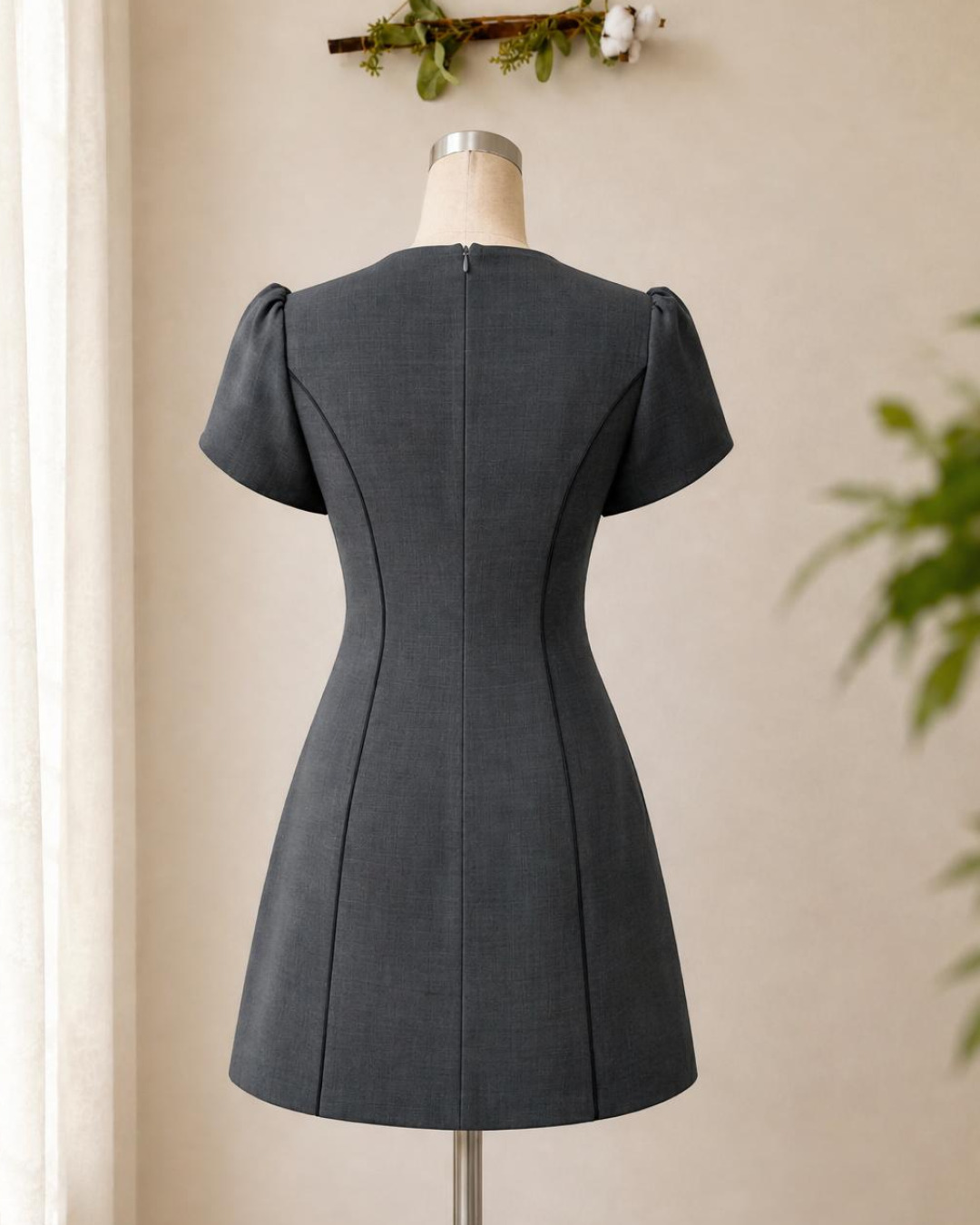 Zyra – Váy Mini Cổ tròn Tay Nụ Hoa Hồng — Xám đậm — Sau · Rõ sản phẩm · Khác