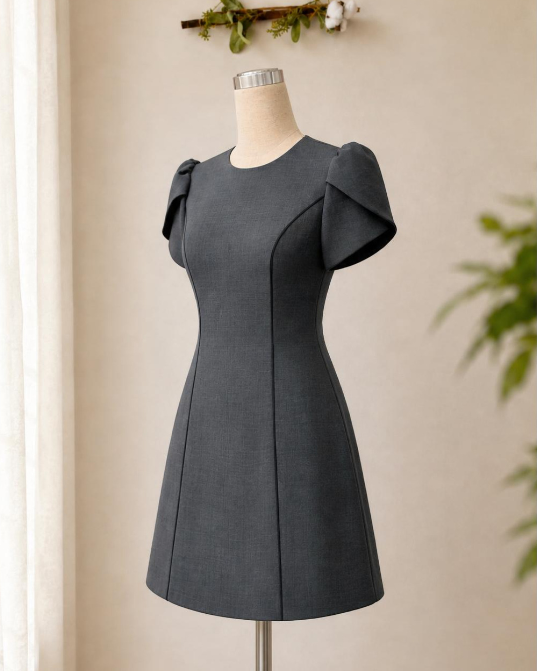 Zyra – Váy Mini Cổ tròn Tay Nụ Hoa Hồng — Xám đậm — 3/4 trước · Rõ sản phẩm · Khác