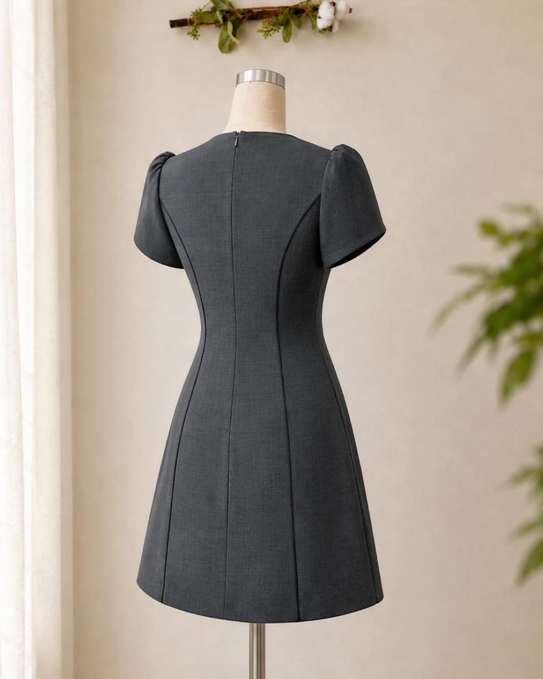 Zyra – Váy Mini Cổ tròn Tay Nụ Hoa Hồng — Xám đậm — 3/4 sau · Rõ sản phẩm · Khác