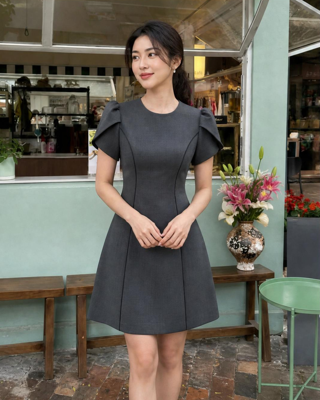 Zyra – Váy Mini Cổ tròn Tay Nụ Hoa Hồng — Xám đậm