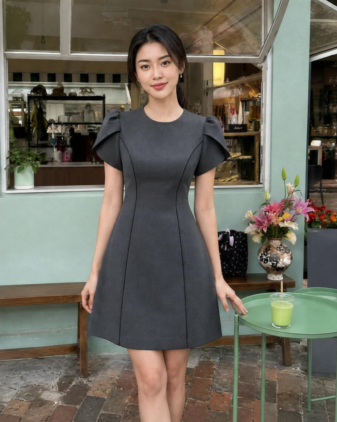 Zyra – Váy Mini Cổ tròn Tay Nụ Hoa Hồng — Xám đậm