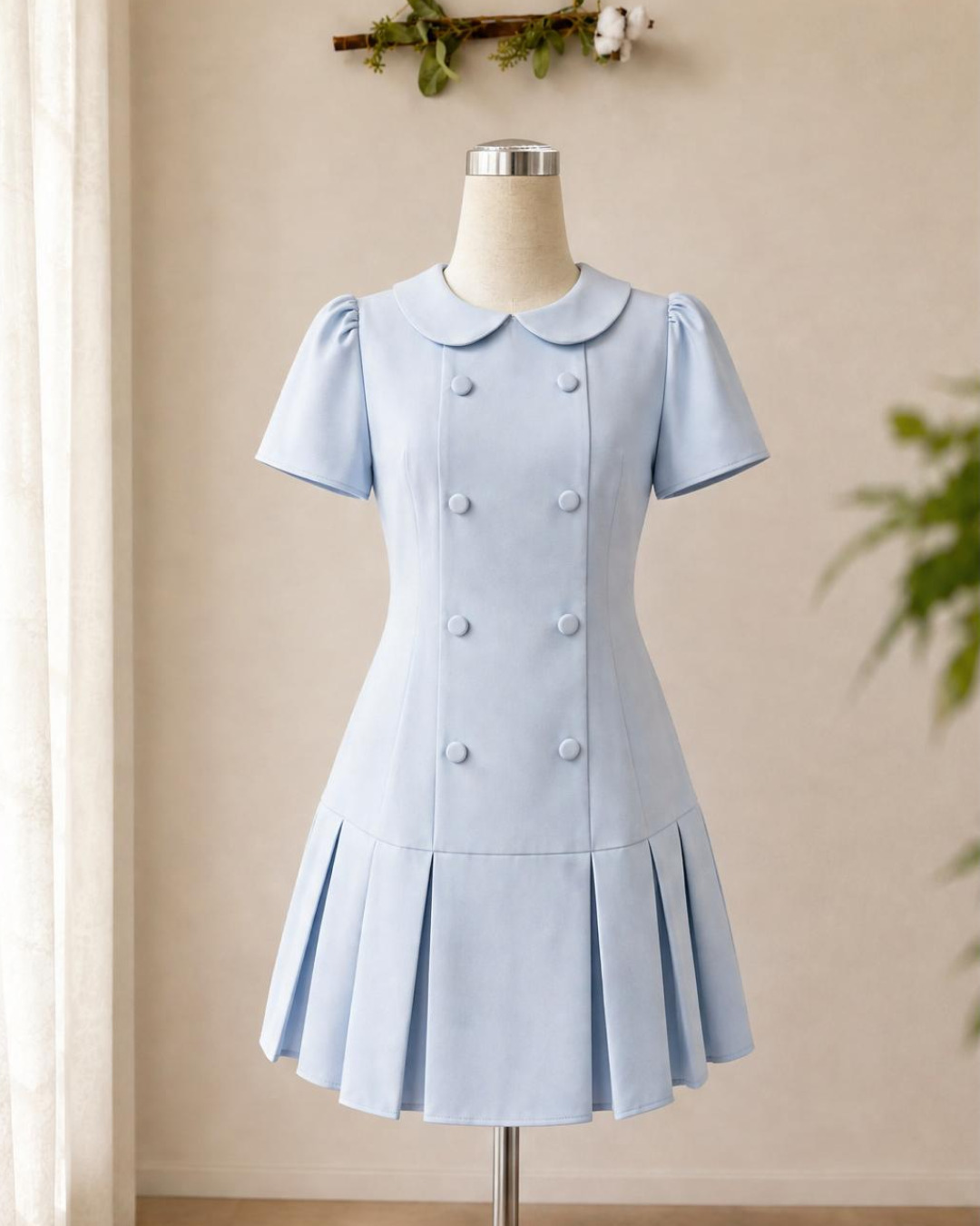 Zelia – Váy Mini Cổ tròn Xếp Ly Tùng Dưới — Xanh baby — Chính diện · Rõ sản phẩm · Khác