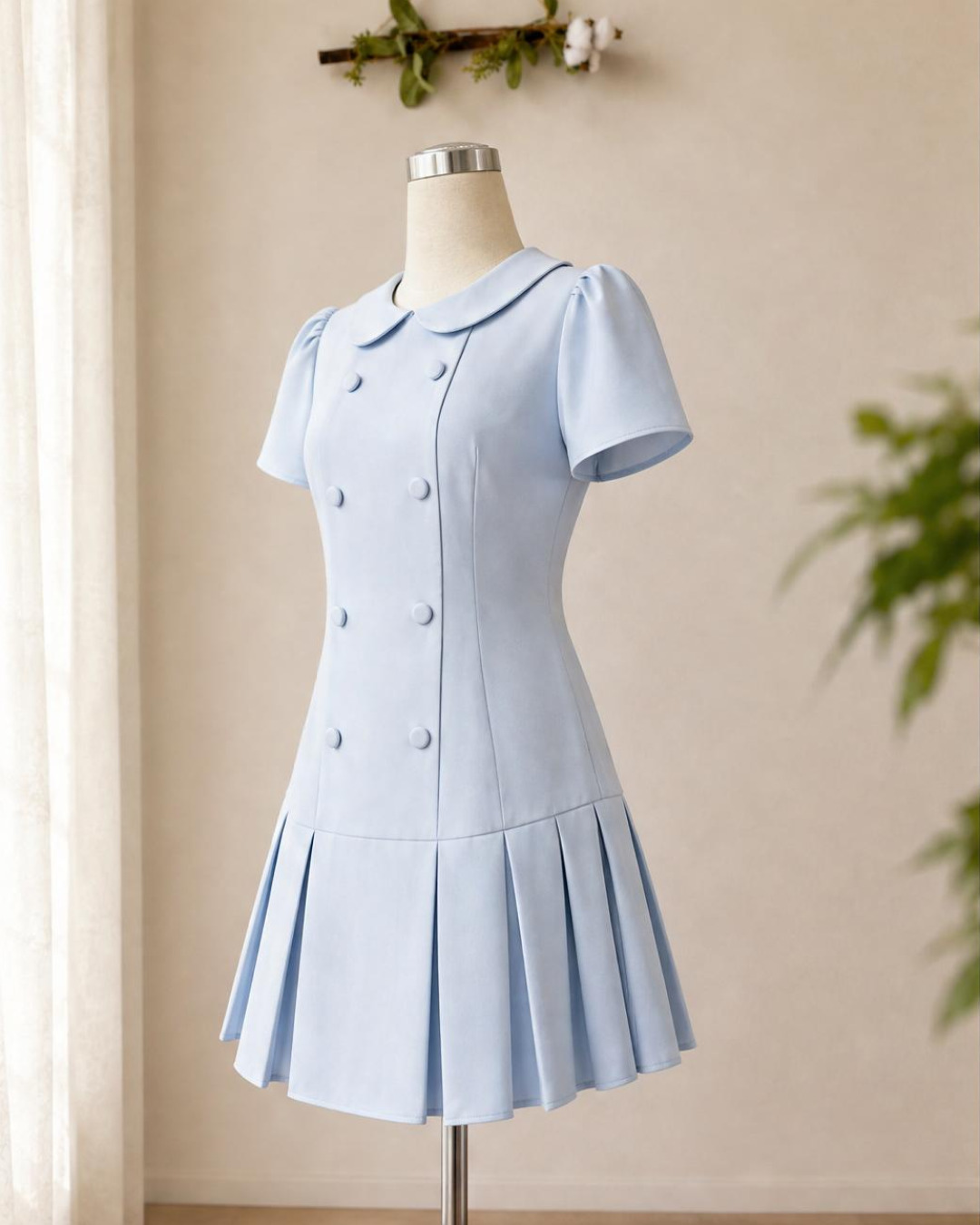 Zelia – Váy Mini Cổ tròn Xếp Ly Tùng Dưới — Xanh baby — Nghiêng · Rõ sản phẩm · Khác