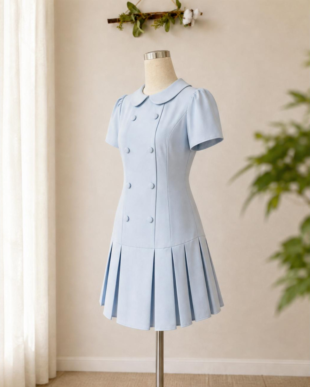 Zelia – Váy Mini Cổ tròn Xếp Ly Tùng Dưới — Xanh baby — 3/4 trước · Rõ sản phẩm · Khác