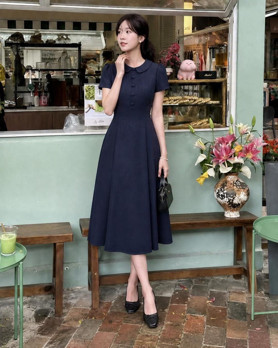 Orla – Váy chữ A Cổ Sen Tay Bồng - Xanh than đậm