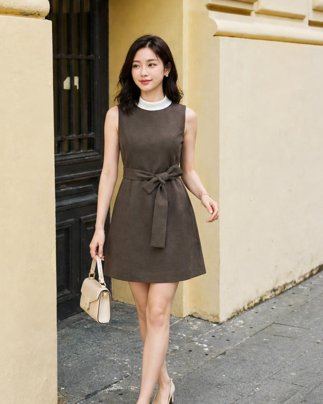 Selina – Váy chữ A Mini Cổ tròn Phối Màu Đai Nơ — Nâu xám