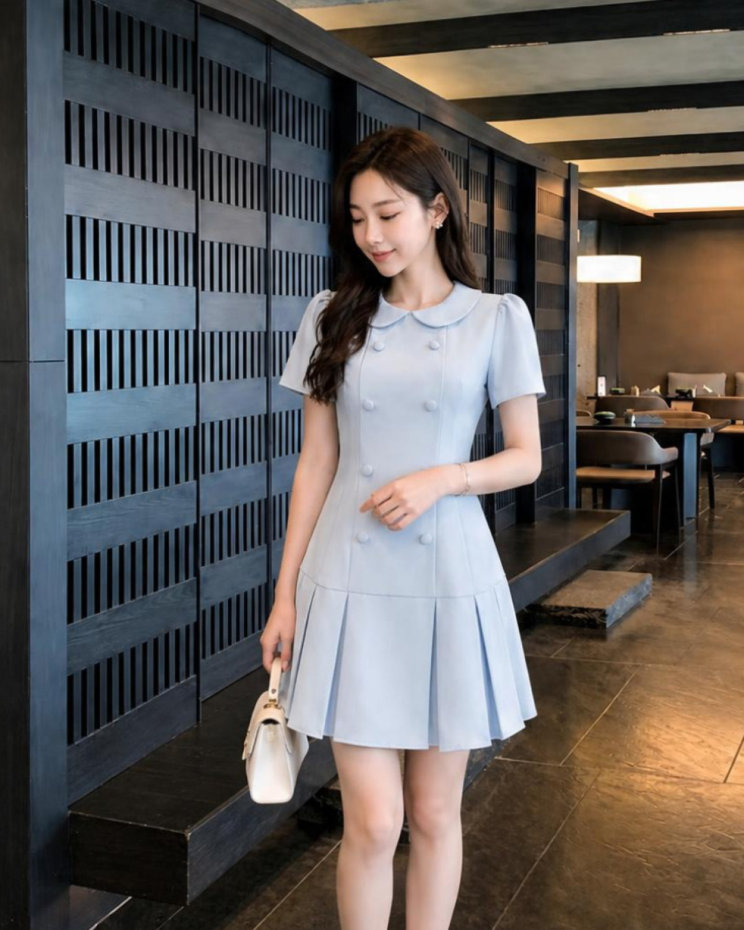 Zelia – Váy Mini Cổ tròn Xếp Ly Tùng Dưới — Xanh baby