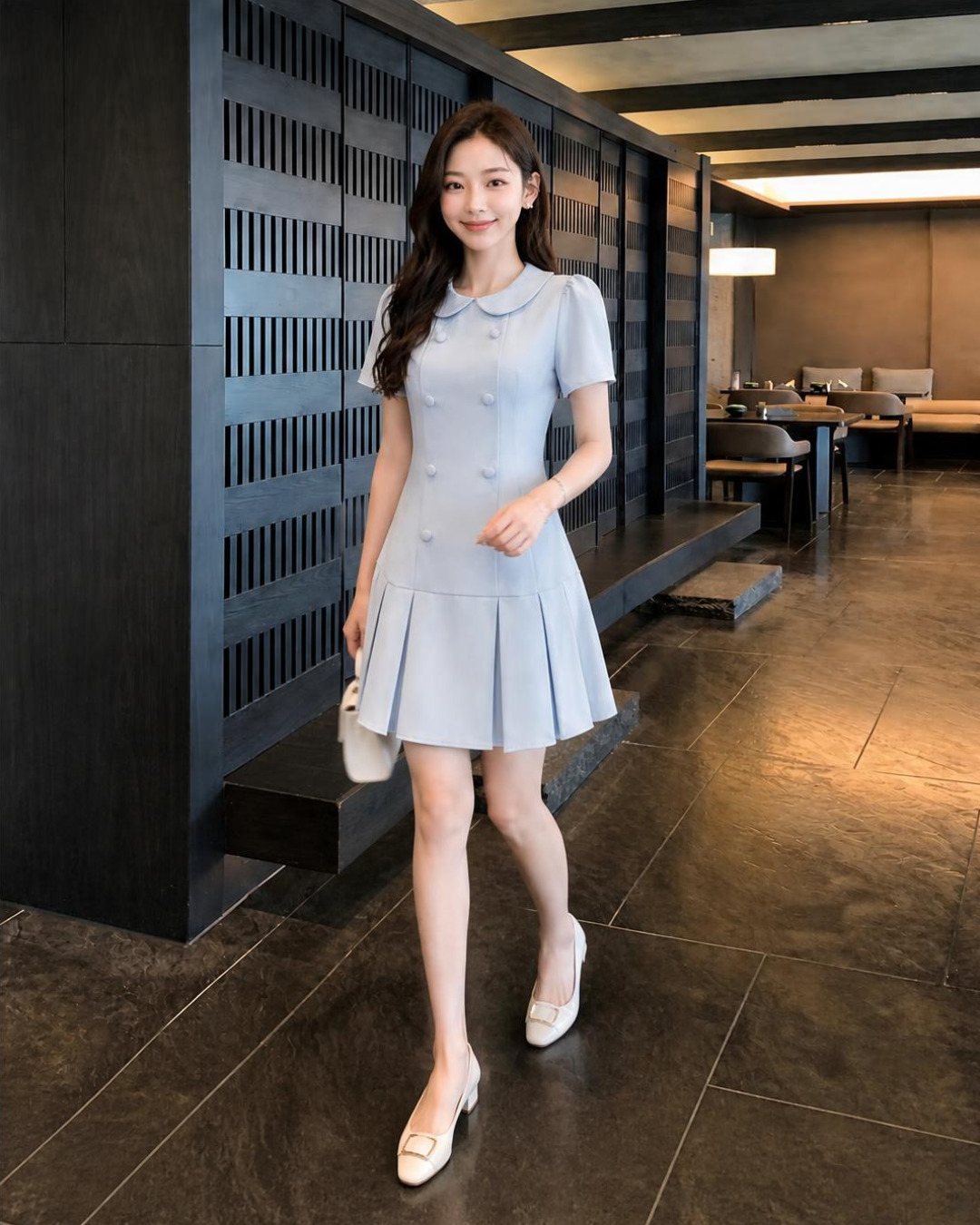 Zelia – Váy Mini Cổ tròn Xếp Ly Tùng Dưới — Xanh baby