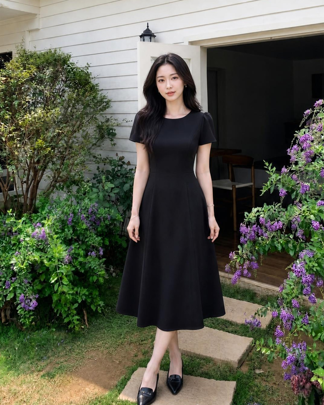 Xyra – Váy chữ A Midi Cổ tròn Túi Chéo — Đen