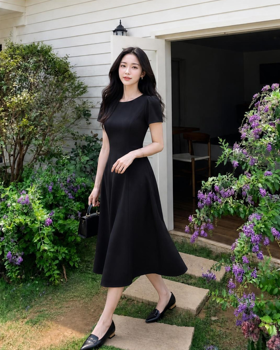 Xyra – Váy chữ A Midi Cổ tròn Túi Chéo — Đen