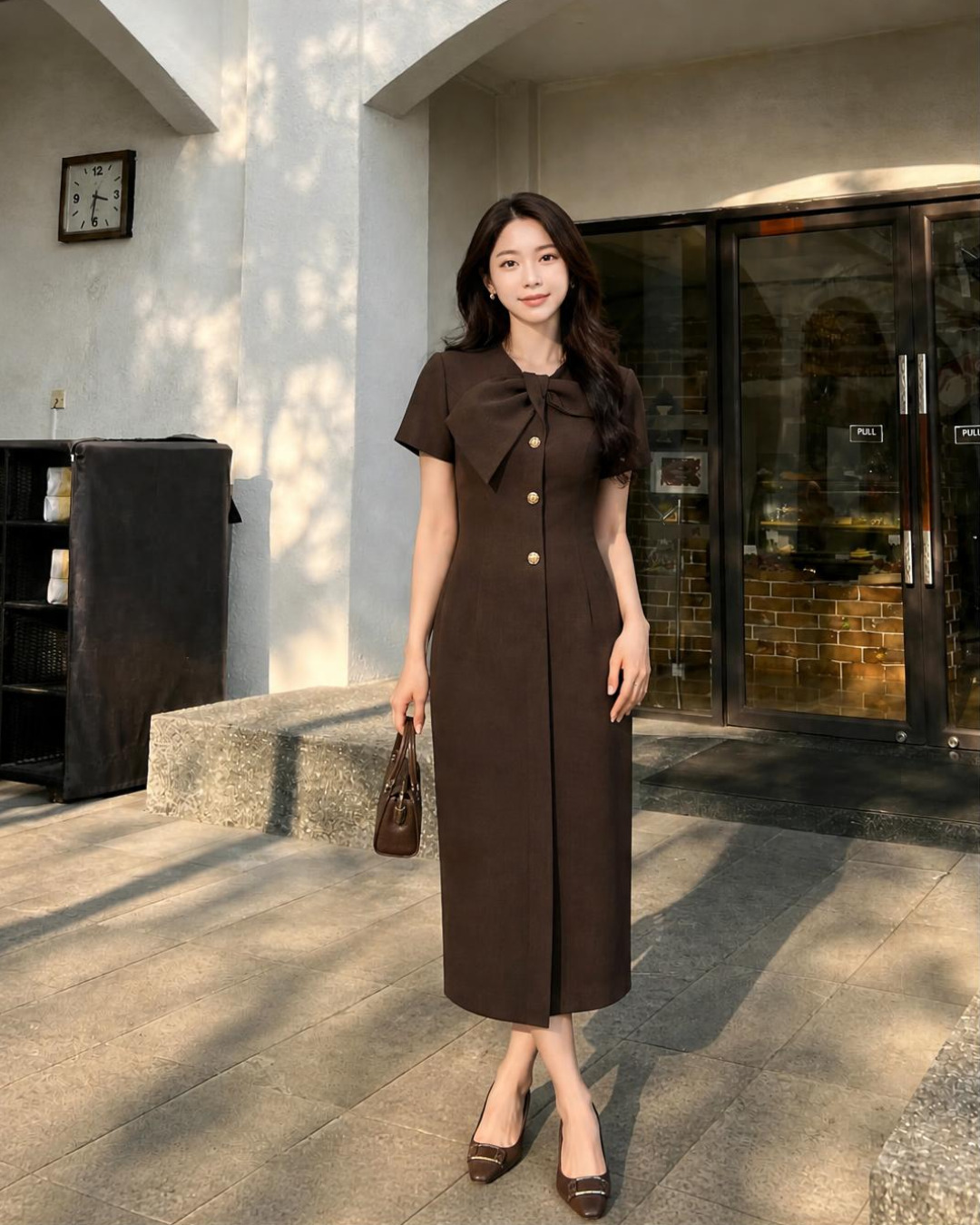 Julina – Váy Midi Cổ Tròn Kẹp Nơ — Nâu chocolate