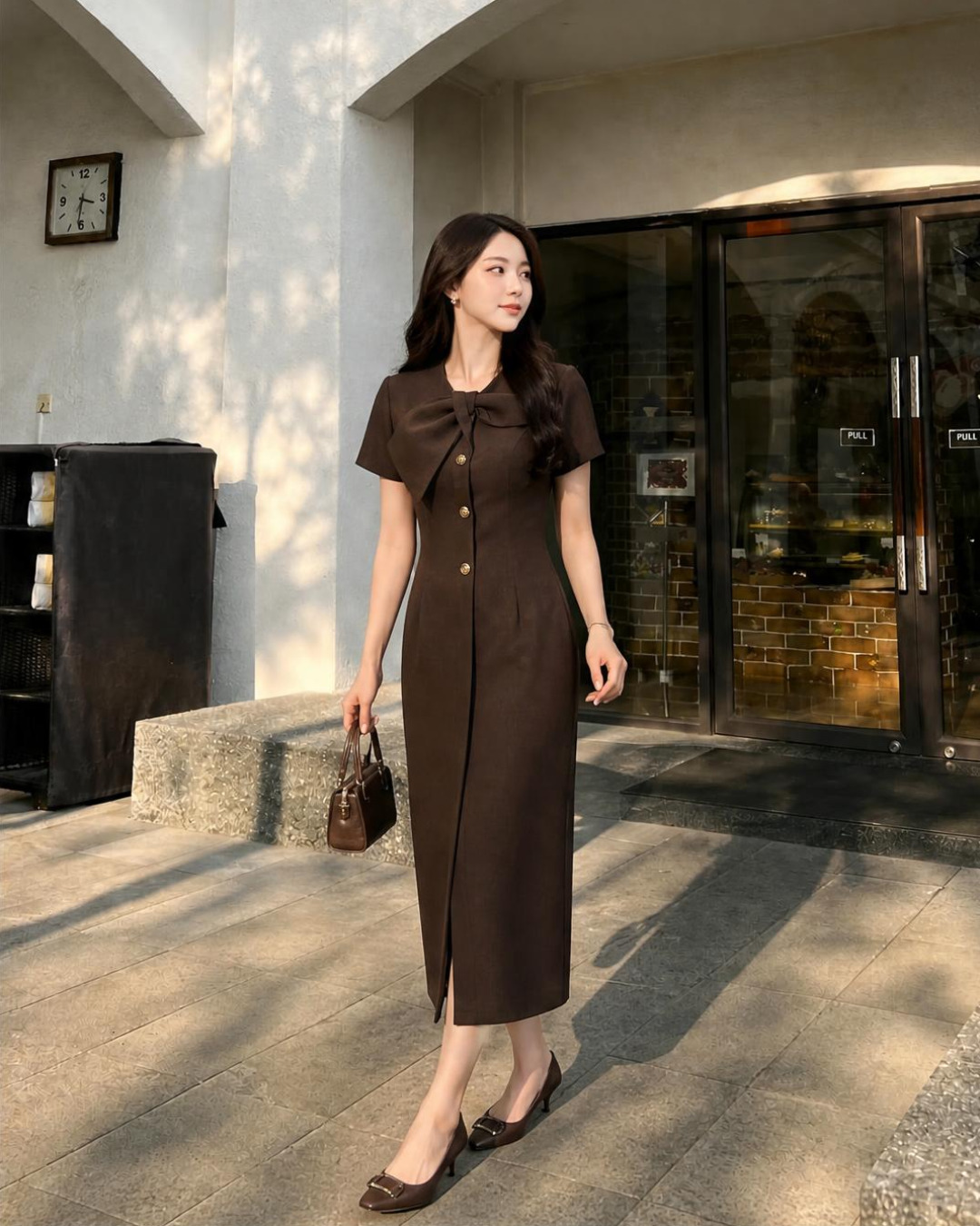 Julina – Váy Midi Cổ Tròn Kẹp Nơ — Nâu chocolate