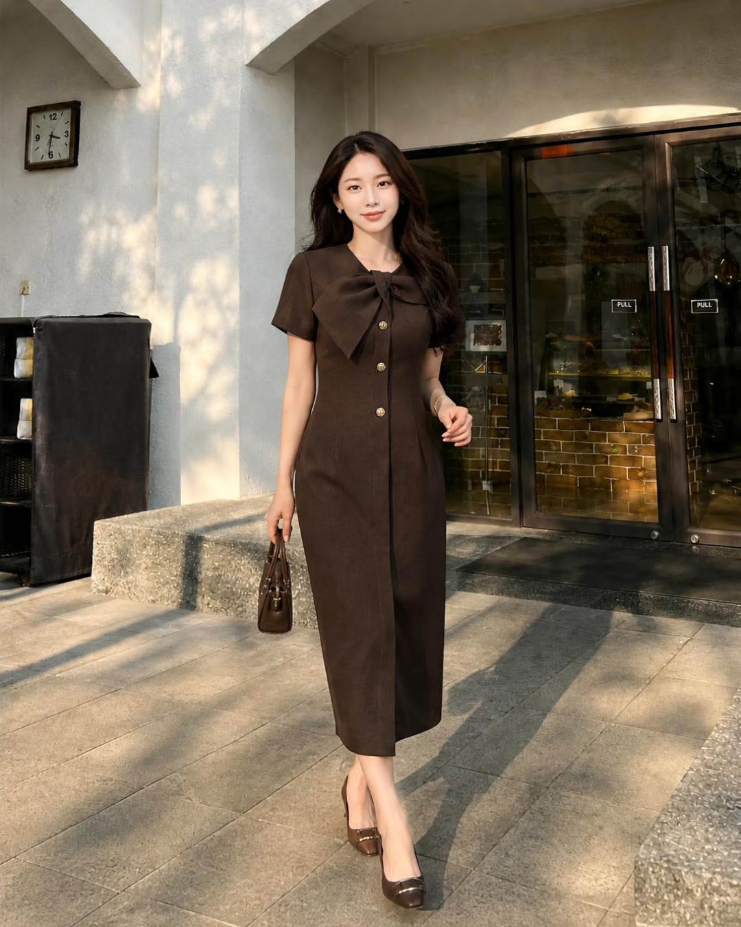 Julina – Váy Midi Cổ Tròn Kẹp Nơ — Nâu chocolate