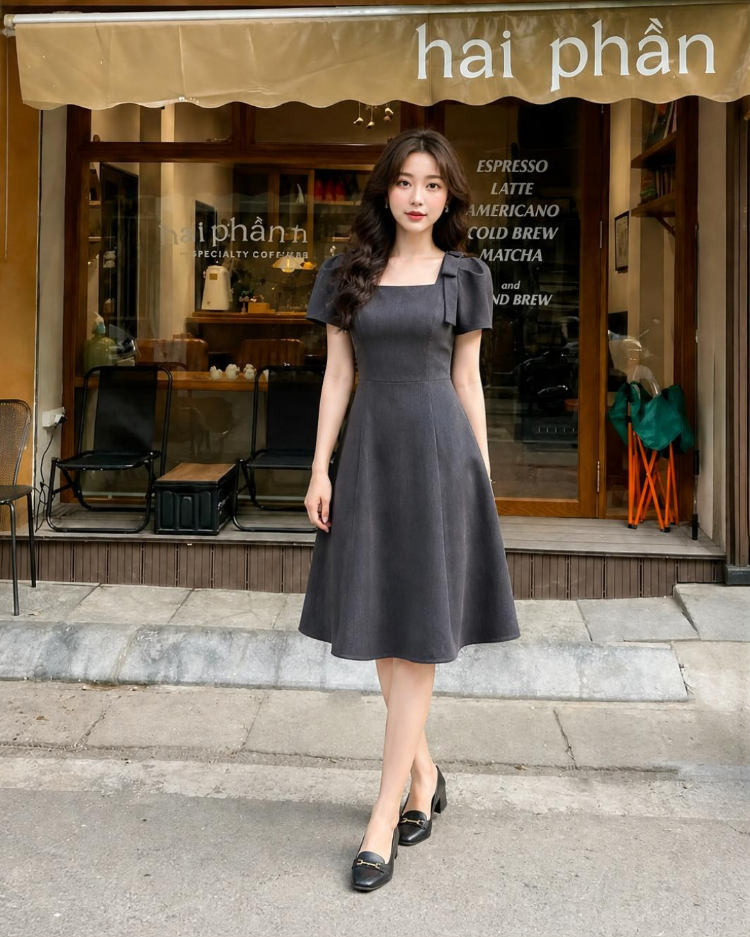 Cylia – Váy Midi Cổ Vuông Tay Bồng Đính Nơ — Xám đậm