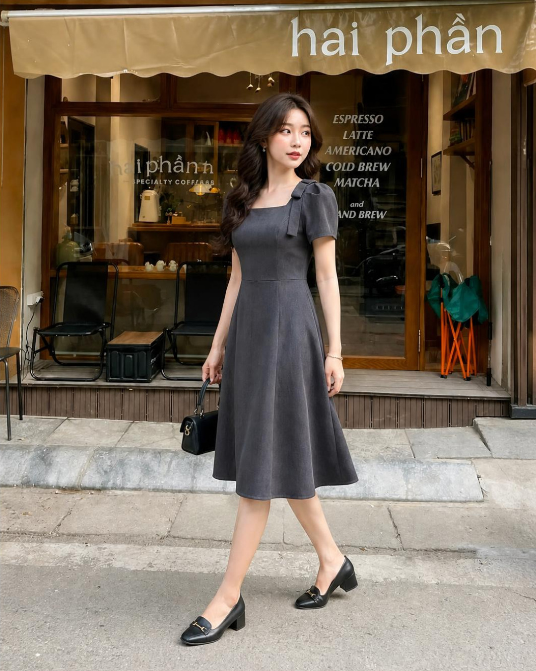 Cylia – Váy Midi Cổ Vuông Tay Bồng Đính Nơ — Xám đậm
