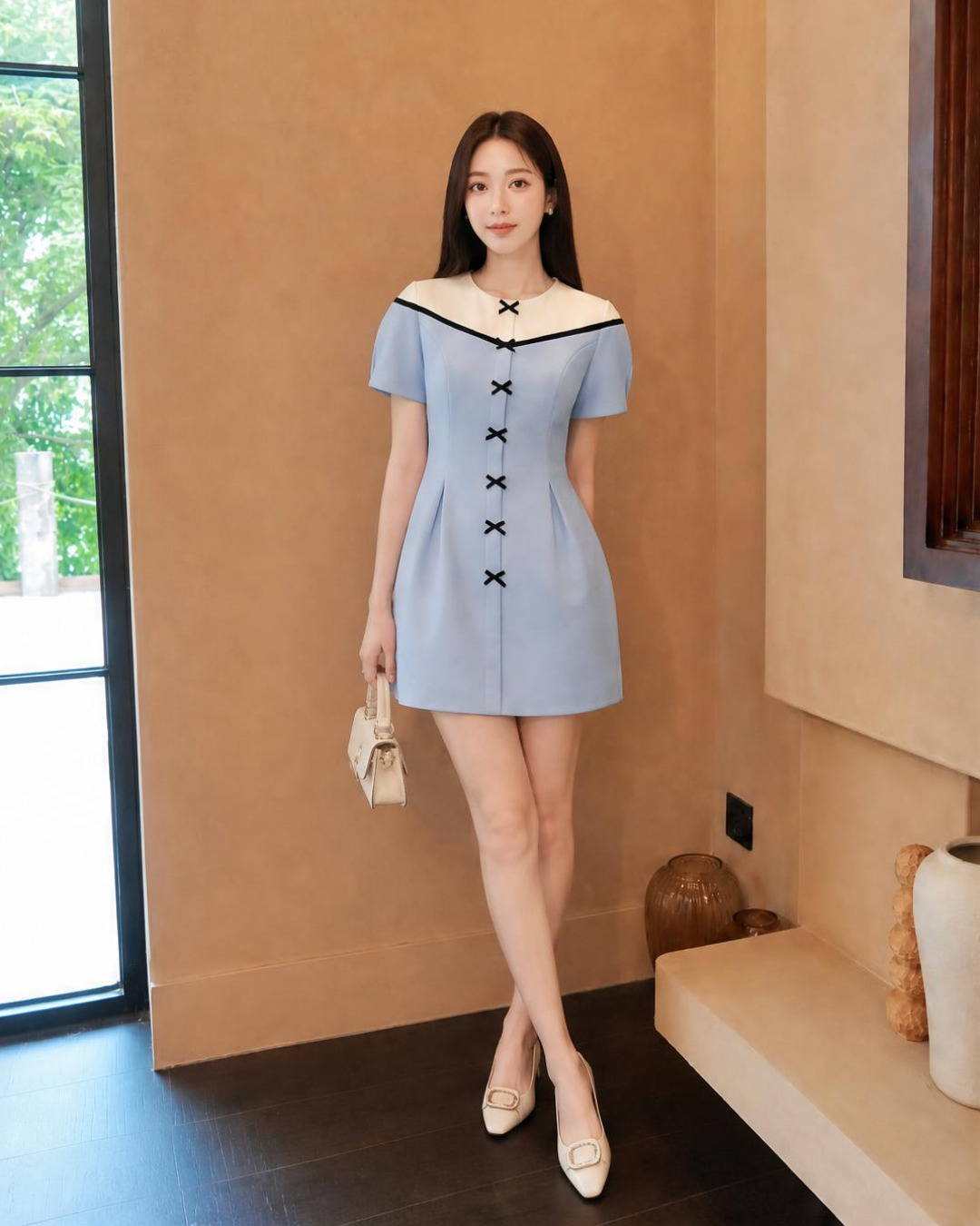 Sena – Váy Mini Cổ tròn Phối màu — Xanh baby