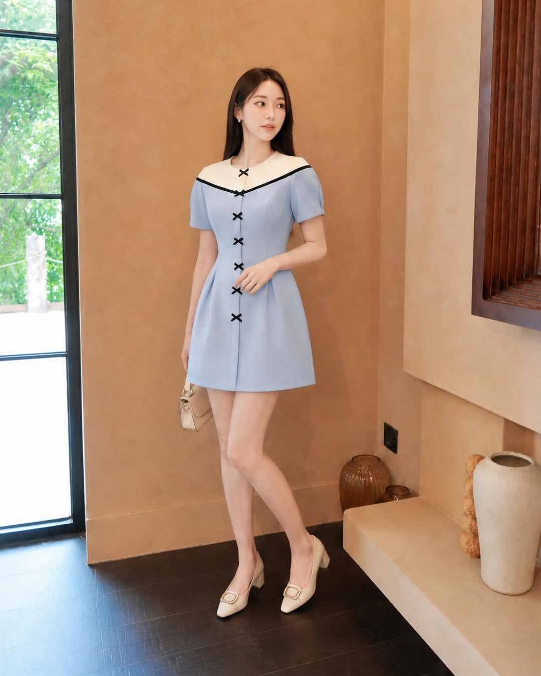 Sena – Váy Mini Cổ tròn Phối màu — Xanh baby