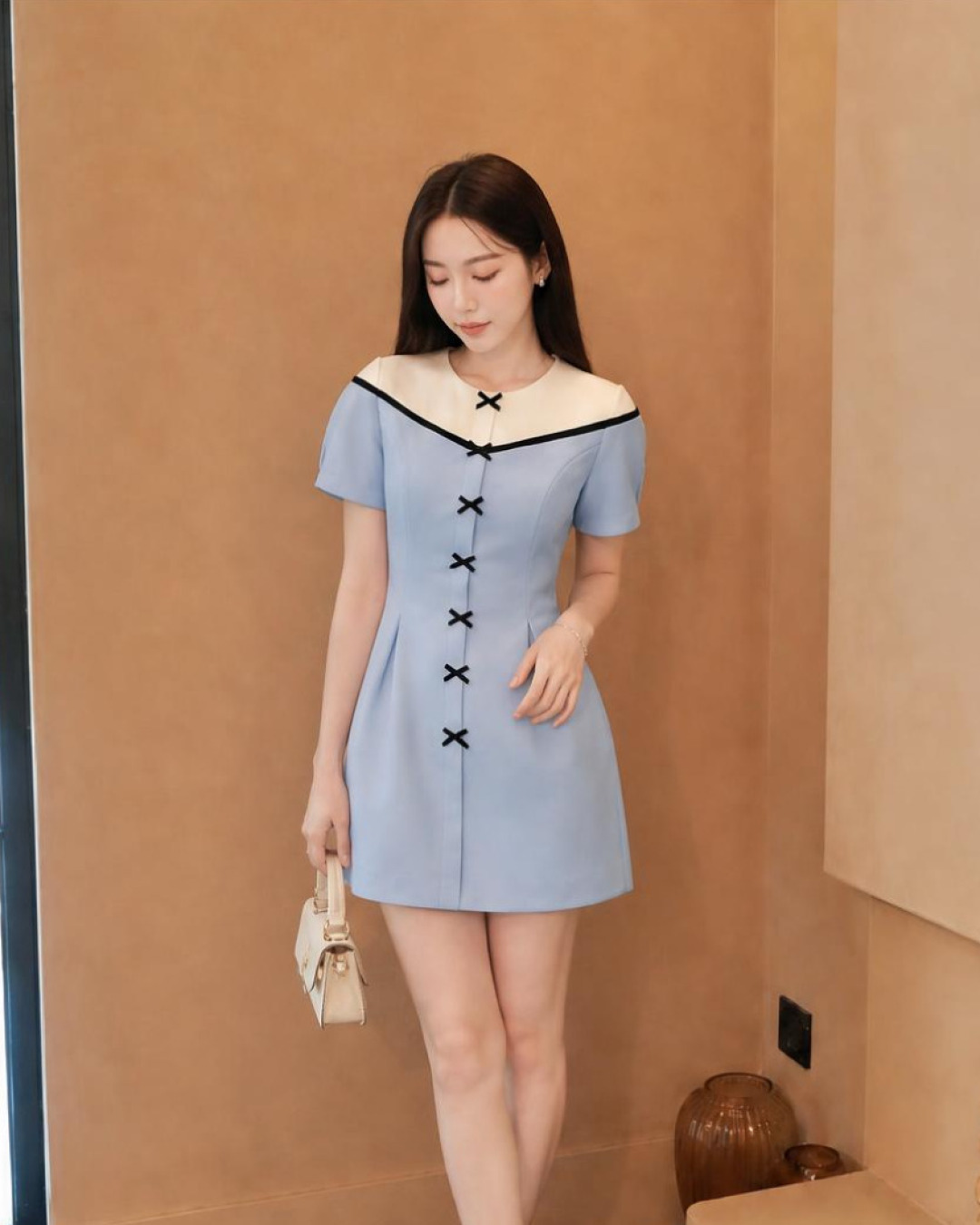 Sena – Váy Mini Cổ tròn Phối màu — Xanh baby
