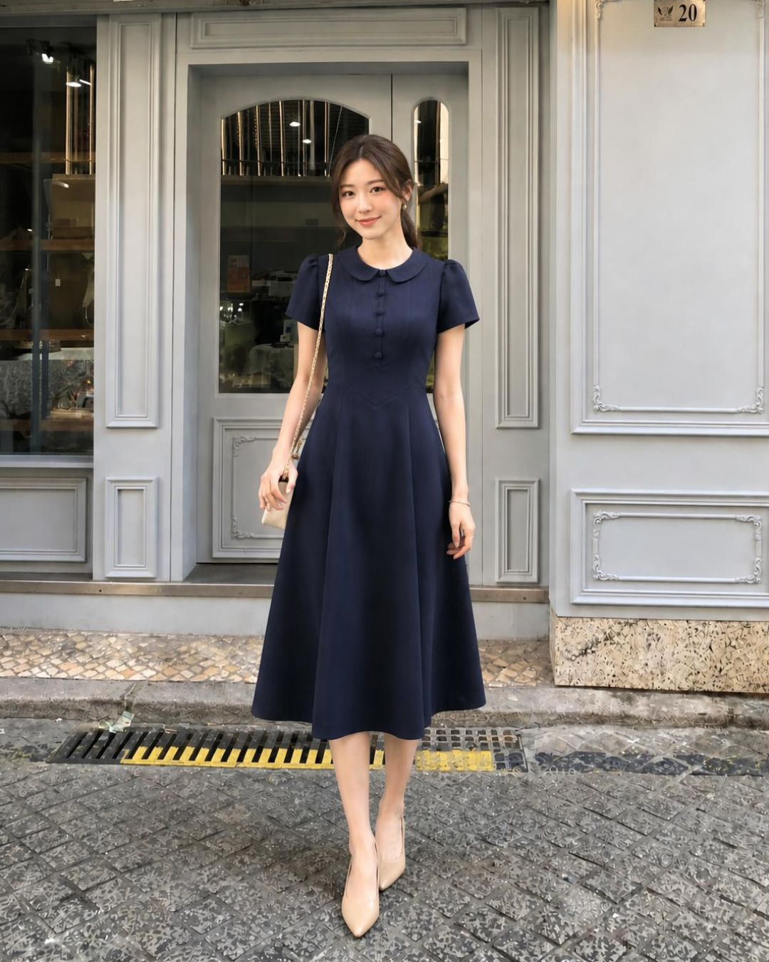 Orla – Váy chữ A Cổ Sen Tay Bồng — Xanh than đậm